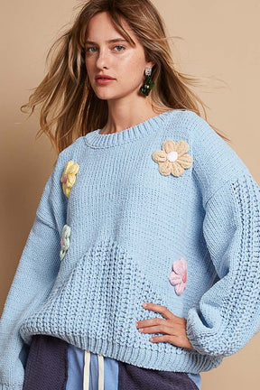 POL Crochet Flower Round Neck Dropped Shoulder Sweater-True and Wild