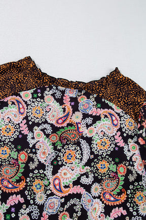 Black Plus Size Paisley Print V Neck Bubble Sleeve Blouse-True and Wild