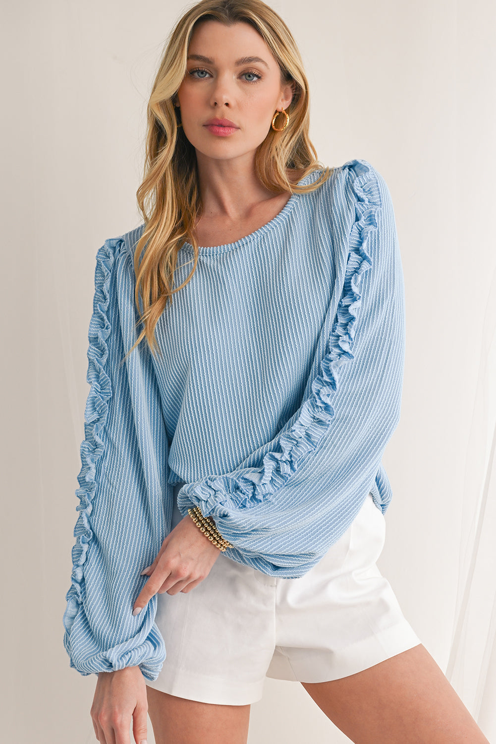 Mist Blue Corded Frill Detail Puff Sleeve Top-True and Wild