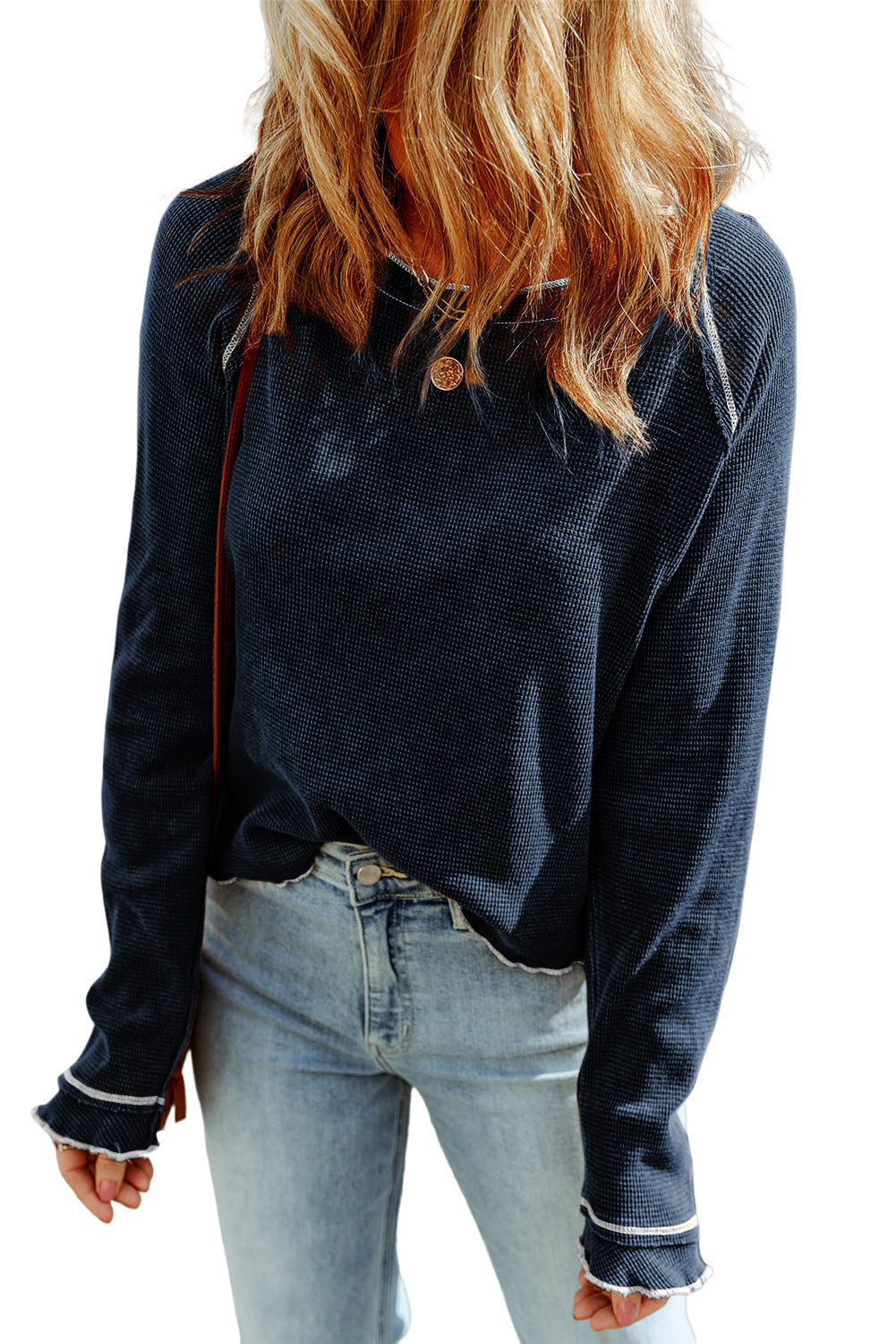 Black Textured Crewneck Long Sleeve Top-True and Wild