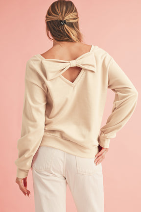 Apricot Bowknot Plain Round Neck Sweatshirt-True and Wild