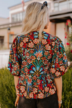 Black Bohemian Tropical Print Front Tie V-Neck Bubble Sleeve Blouse