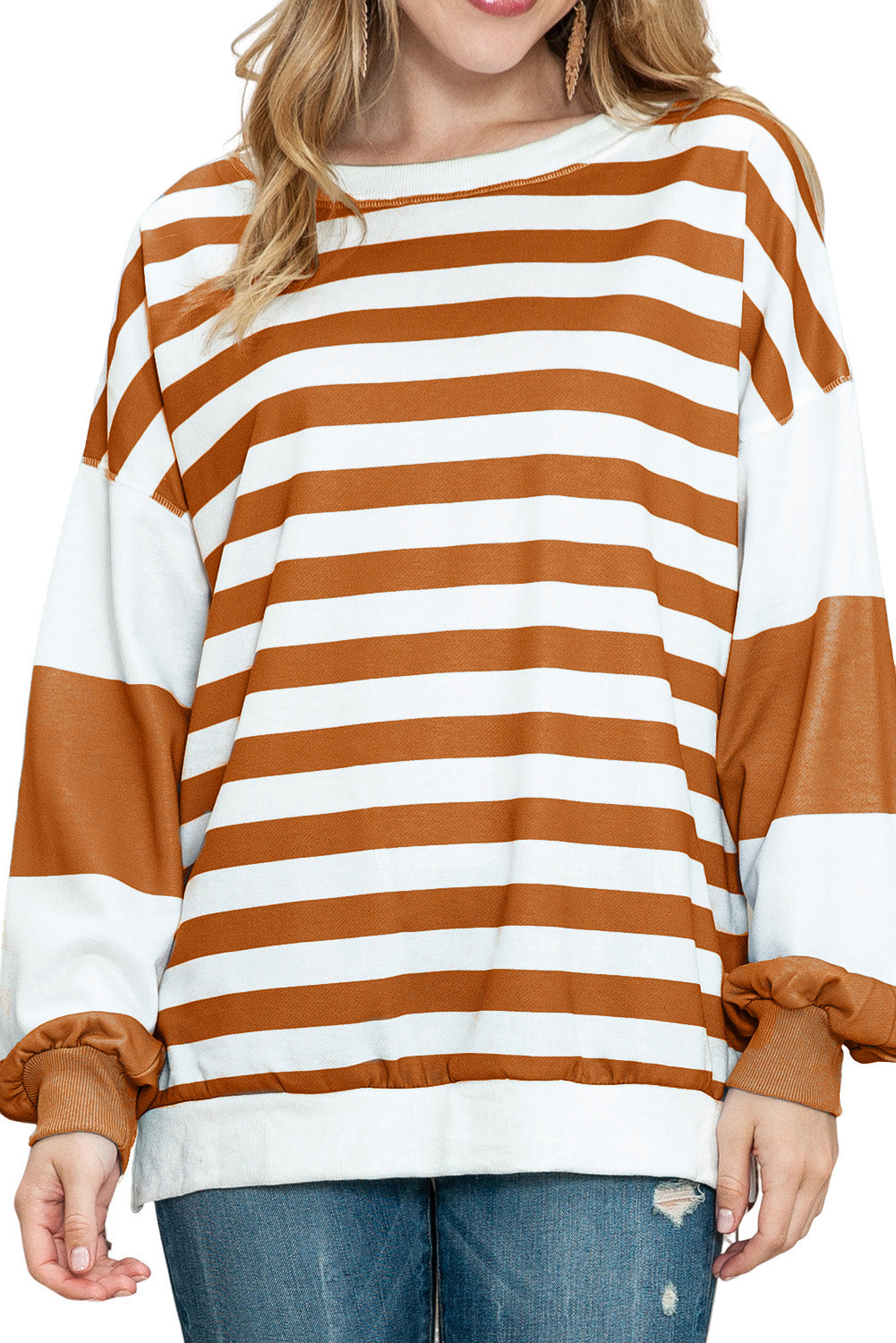 Blue Casual Striped Drop Shoulder Pullover Sweatshirt-True and Wild