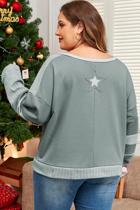 Mist Green Stars Patchwork Round Neck Plus Size Top-True and Wild