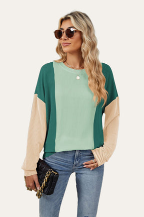 Double Take Texture Contrast Round Neck Long Sleeve T-Shirt-True and Wild