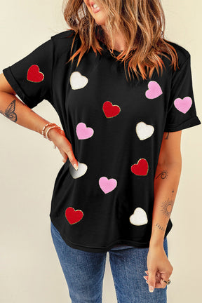 Black Valentines Chenille Heart Patched Pattern Crewneck Tee-True and Wild