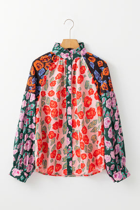 Red Colorblock Floral Print Puff Sleeve Shirt-True and Wild