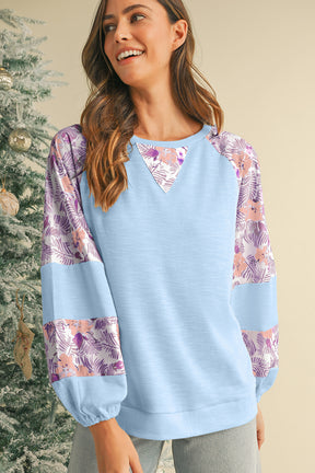 Beau Blue Crinkle Rib Floral Patchwork Balloon Sleeve Top-True and Wild