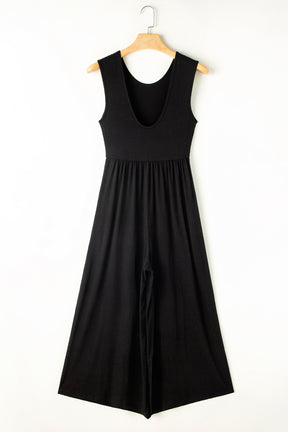 Black Solid Color Open Back Sleeveless Wide Leg Jumpsuit-True and Wild