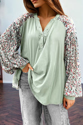 Long Sleeve Tops - Meadow Mist Green Floral Print Bubble Sleeve Henley Loose Top