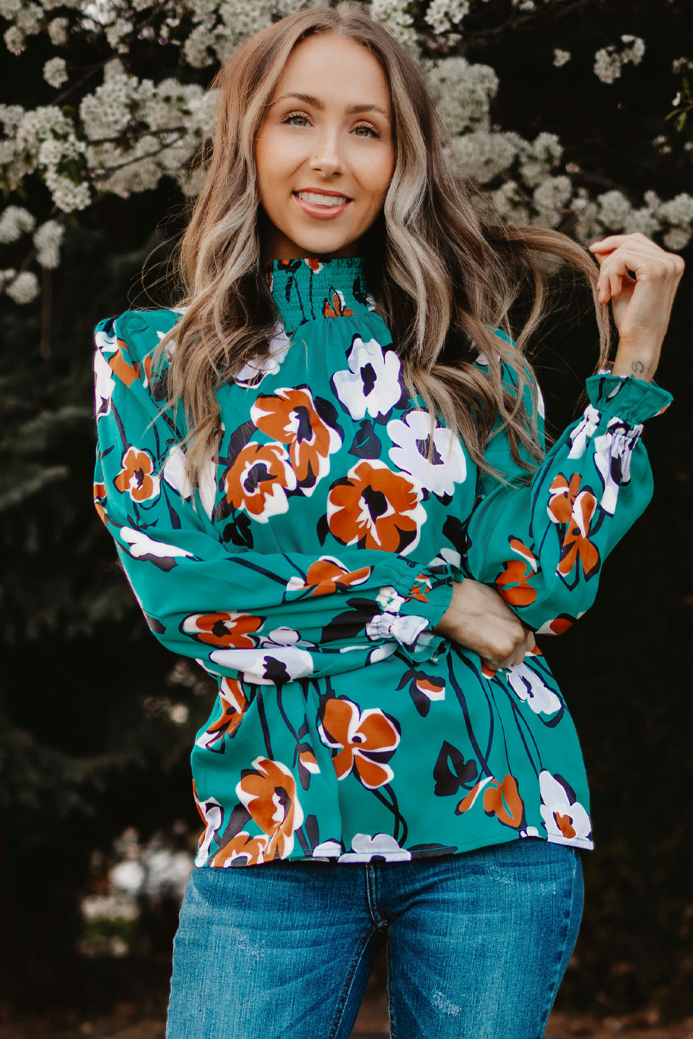 Green Mock Neck Top Floral Print Long Sleeve Silk Blouse-True and Wild