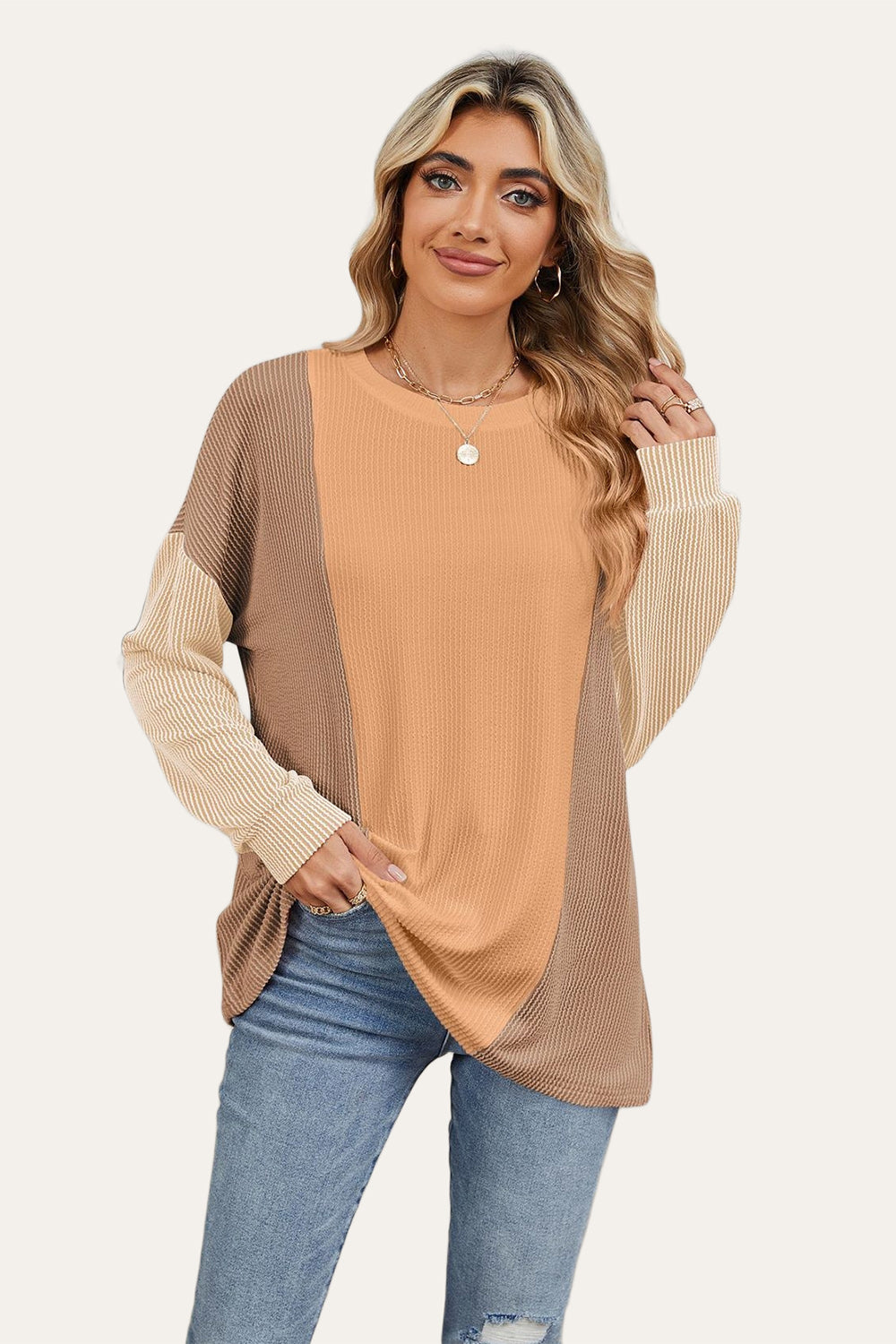 Double Take Texture Contrast Round Neck Long Sleeve T-Shirt-True and Wild