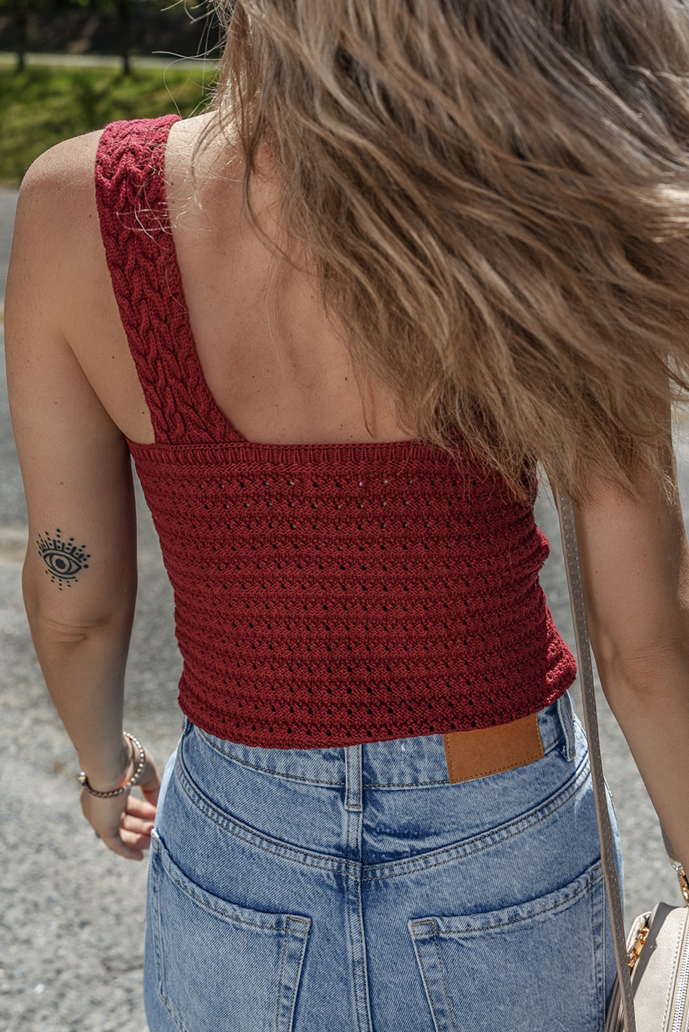 Burgundy Slim Fit V Neck Cable Knit Pointelle Camisole-True and Wild