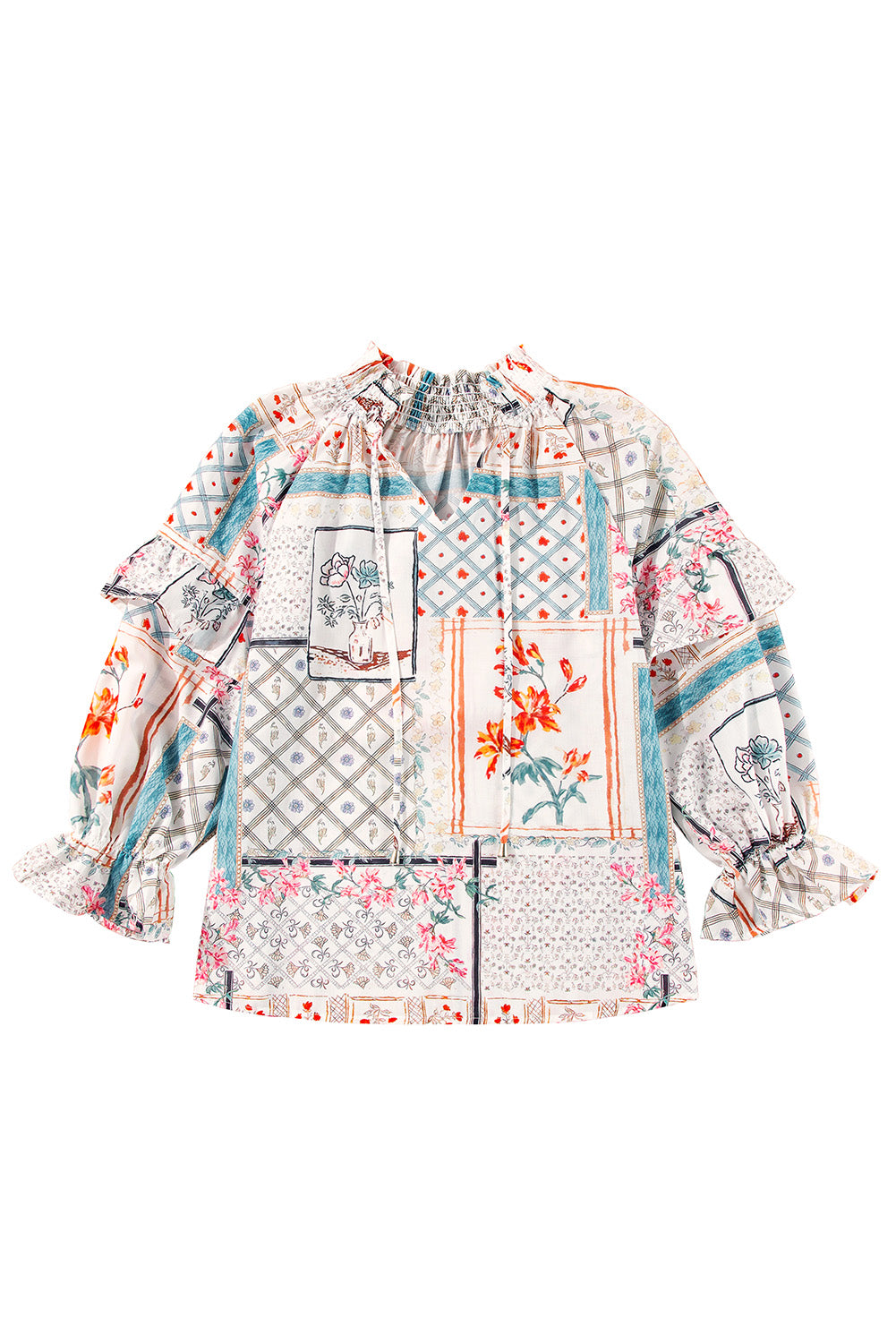 Multicolour Floral Plaid Patchwork Puff Sleeve Blouse-True and Wild