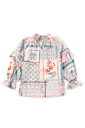 Multicolour Floral Plaid Patchwork Puff Sleeve Blouse-True and Wild