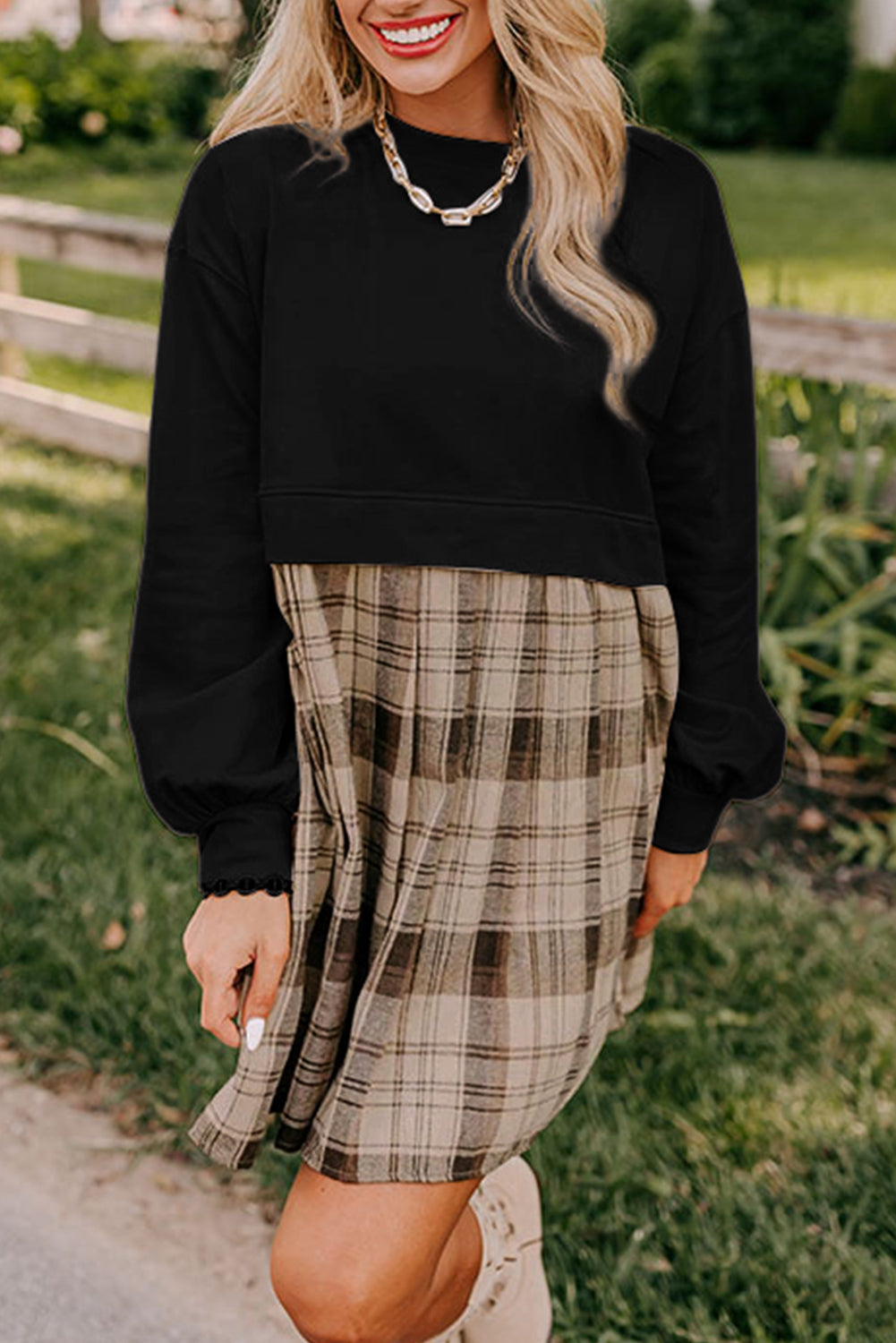 Black Plaid Patchwork High Waist Sweatshirt Mini Dress-True and Wild