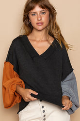 POL Exposed Seam Roll Edge Color Block V Neck Sweater-True and Wild