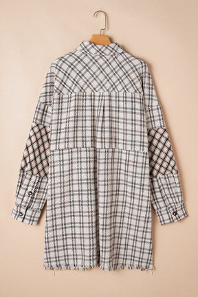 White Plaid Tunic Shirt Raw Hem Plus Size Dress