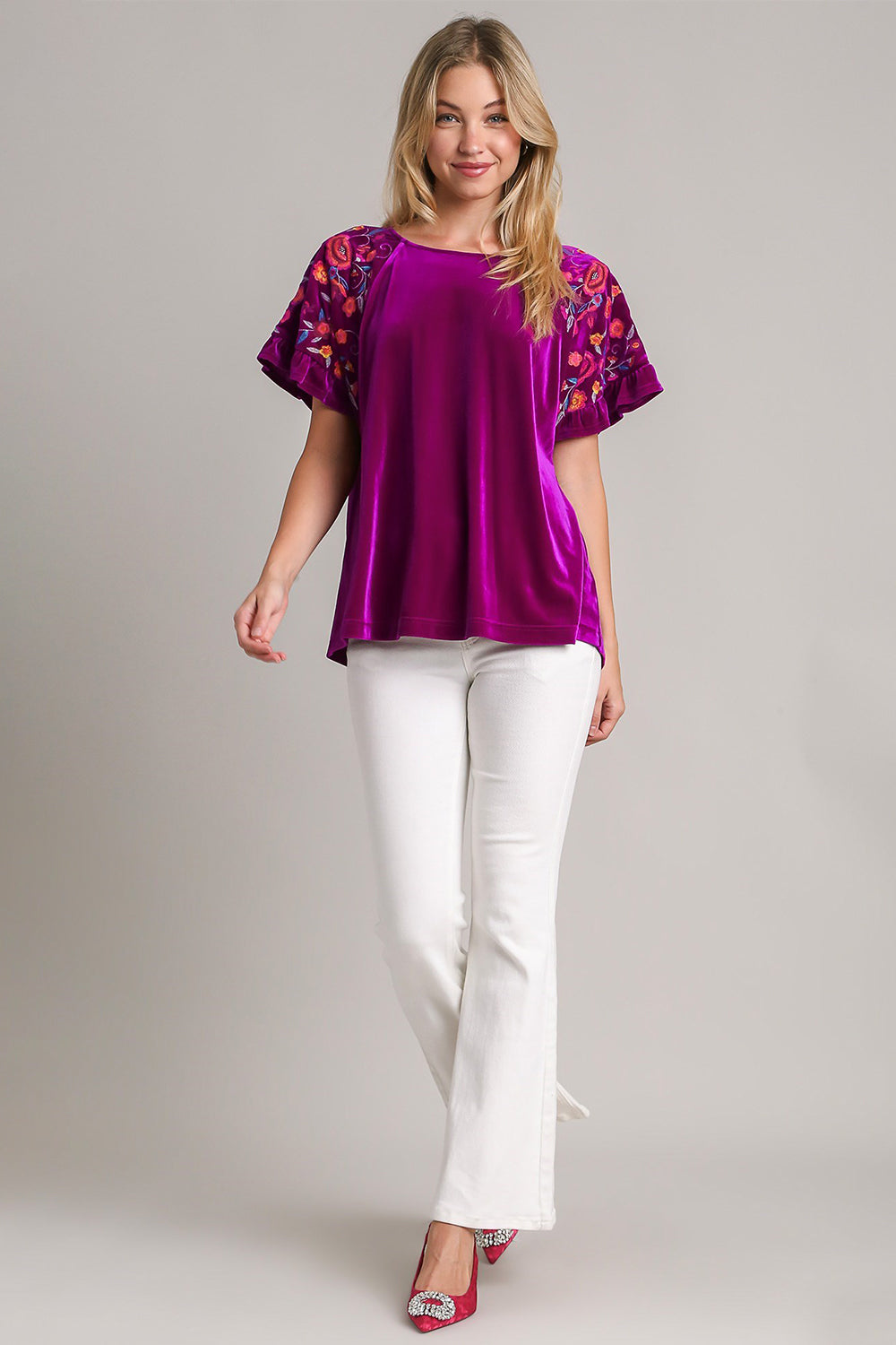 Umgee Full Size Velvet Embroidery Short Sleeve Blouse