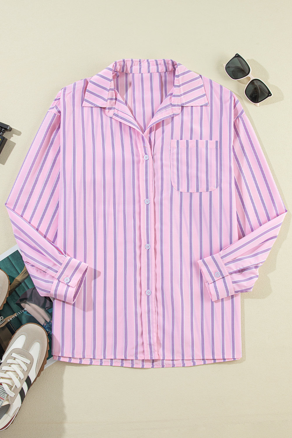 Pink Casual Stripe Chest Pocket Shirt-True and Wild