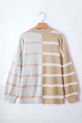 Light Beige Striped Colorblock Drop Shoulder Sweater-True and Wild