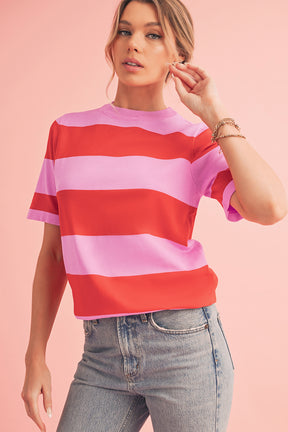 Bright Pink Colorblock Knitted Round Neck T Shirt-True and Wild