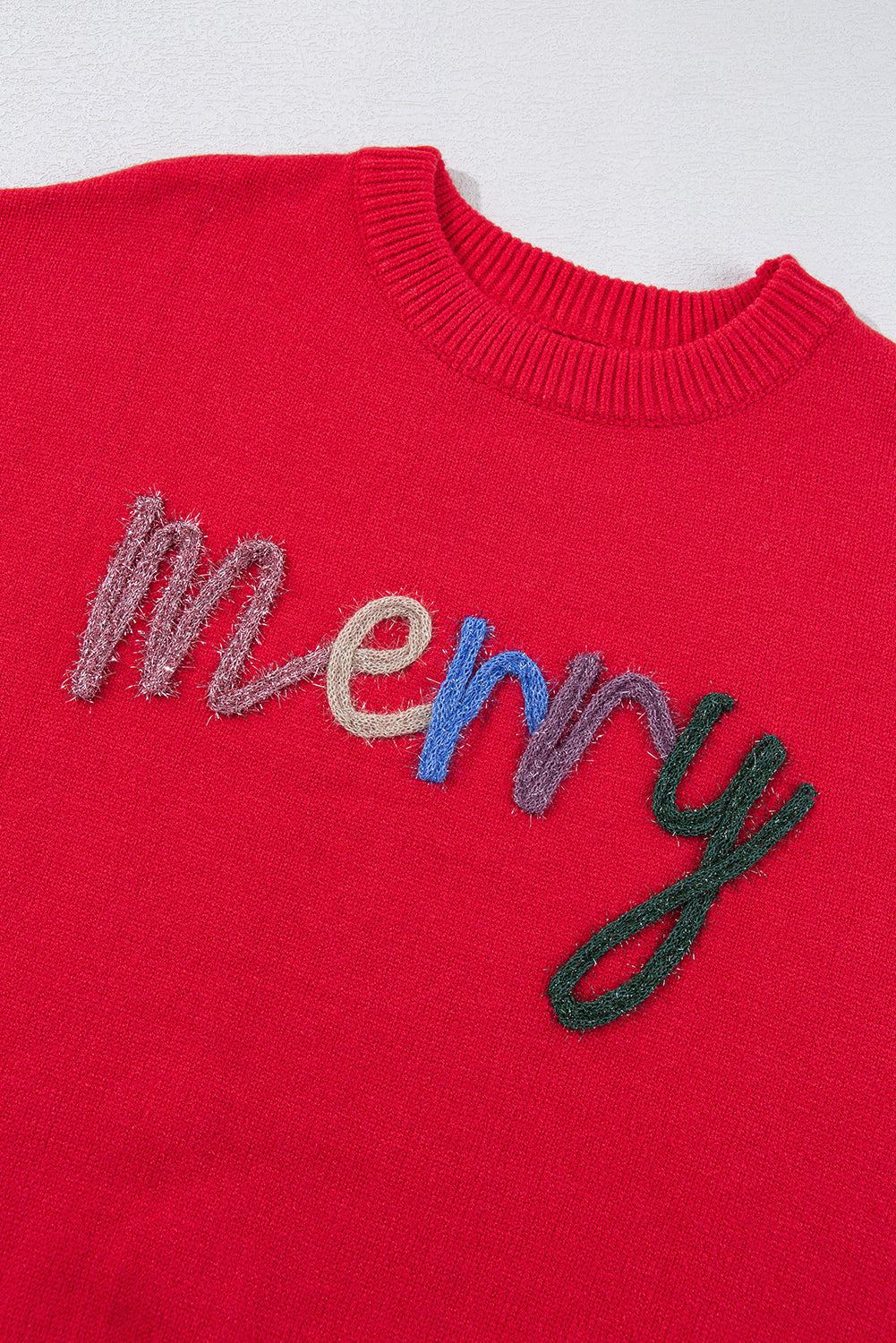 Fiery Red Tinsel Merry Letter Drop Shoulder Baggy Sweater-True and Wild