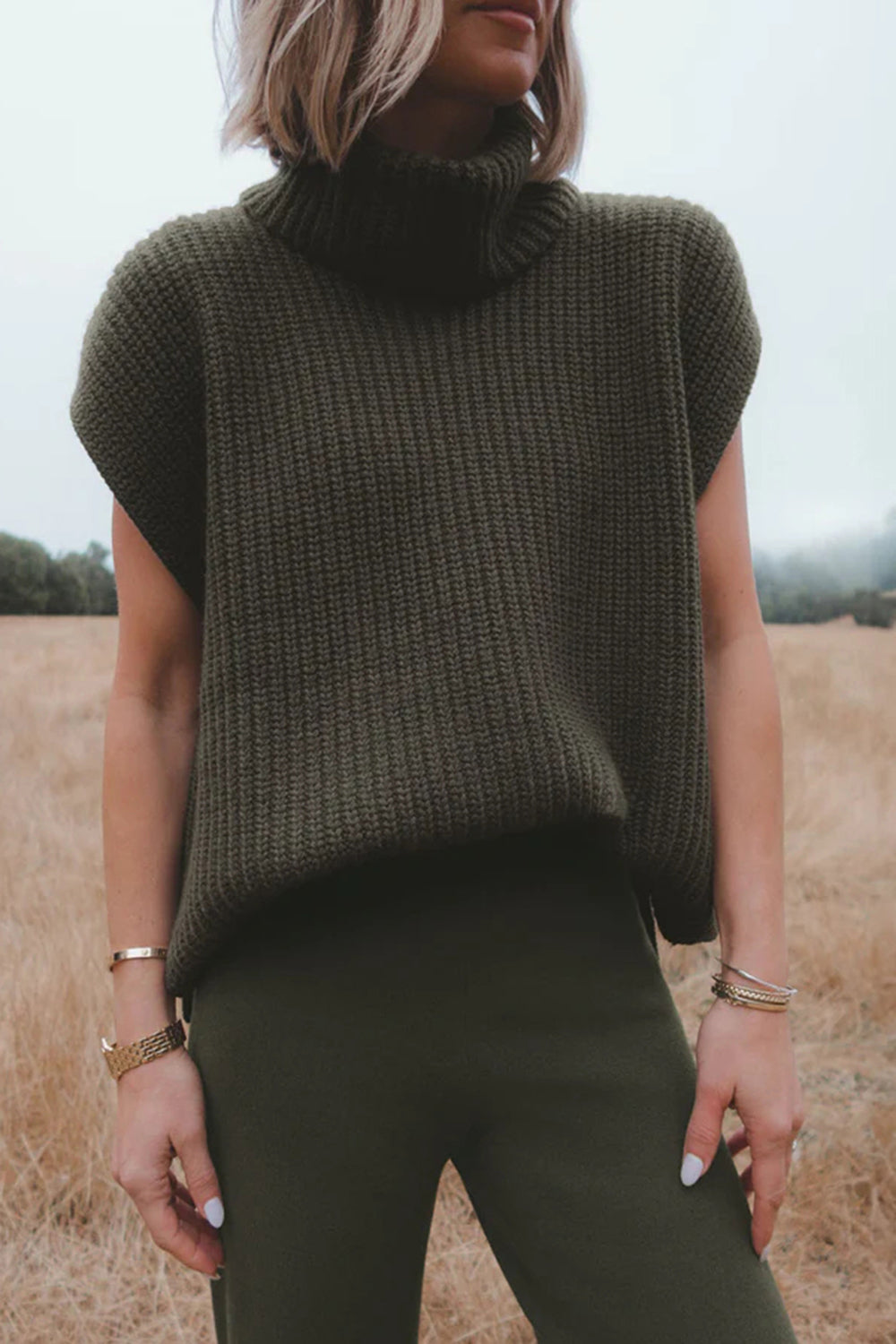 Slit Turtleneck Cap Sleeve Sweater