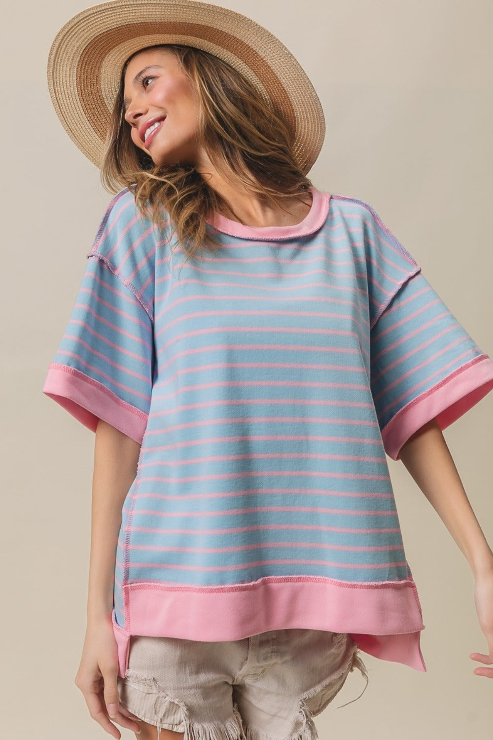 BiBi Exposed Seam Stripe Contrast T-Shirt-True and Wild