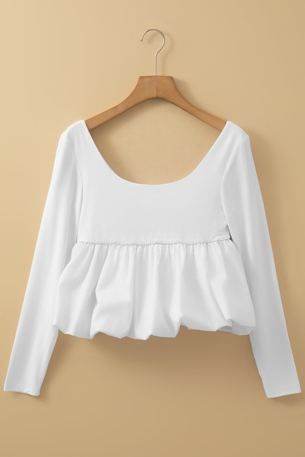 White Elegant Scoop Neck Bubble Hem Long Sleeve Top