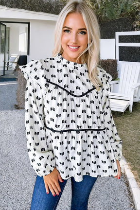 White Bowknot Print Frill Crew Neck Flowy Blouse