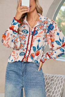 Multicolour Ethnic Floral Print Ricrac Button Down Shirt-True and Wild