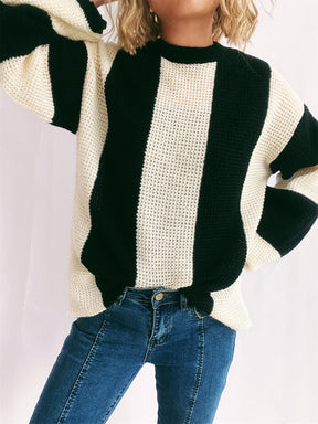 Color Block Round Neck Long Sleeve Sweater-True and Wild