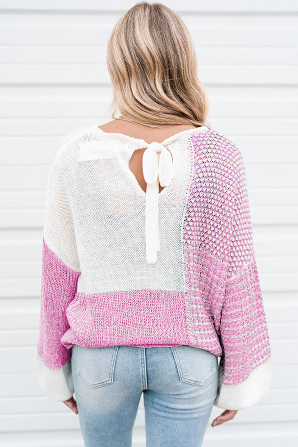 Pink Colorblock Tie Back Drop Shoulder Knit Sweater-True and Wild