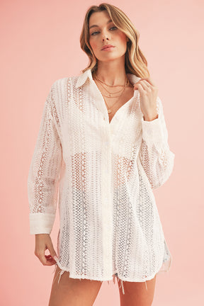 Beige Lace Crochet Collared Button Up Oversized Shirt-True and Wild