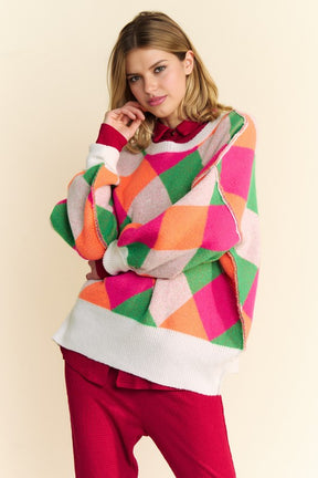 Davi & Dani Exposed Seam Color Block Dropped Shoulder Sweater-True and Wild