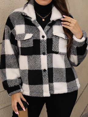 Plus Size Pocketed Plaid Collared Neck Jacket-True and Wild