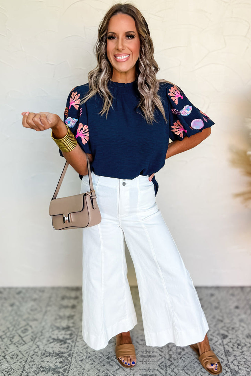 Sail Blue Coral Embroidered Puff Sleeve Frill Neck Blouse