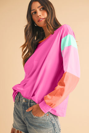 Rose Red Color Block Sleeve Loose Fit Top-True and Wild