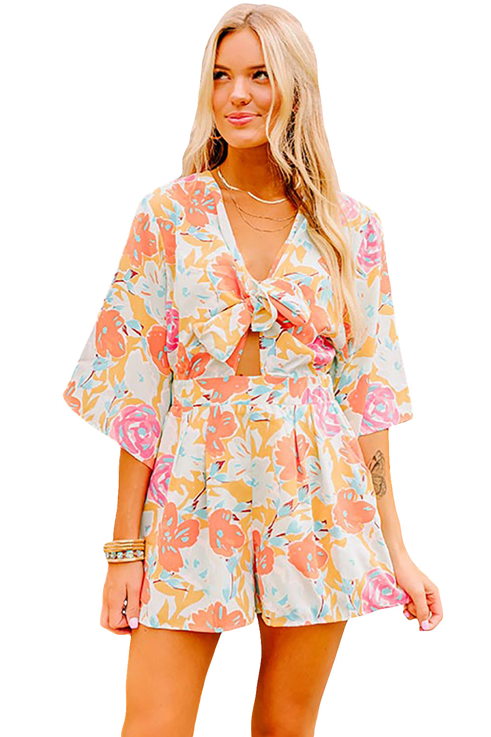 Orange Floral Print Front Tie V Neck Romper