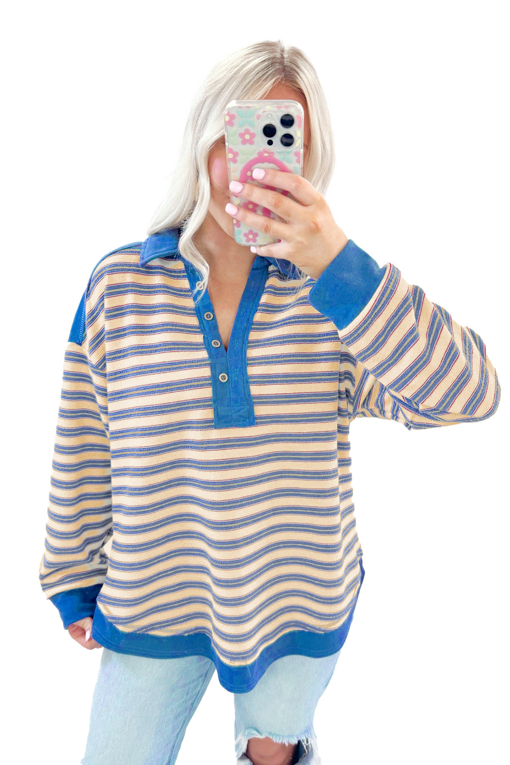 Blue Stripe Collared V Neck Drop Shoulder Top-True and Wild