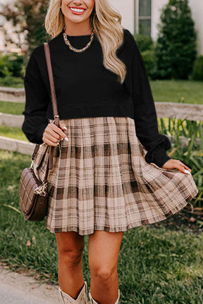 Black Plaid Patchwork High Waist Sweatshirt Mini Dress-True and Wild