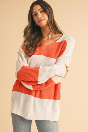 Orange Colorblock V Neck Side Slits Sweater-True and Wild