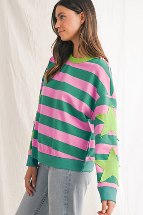 Pink Stripe Star Patchwork Round Neck Pullover Sweatshirt-True and Wild