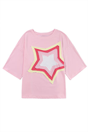 Moonlight Jade Colorblock Star Patched Half Sleeve Oversized Tee-True and Wild