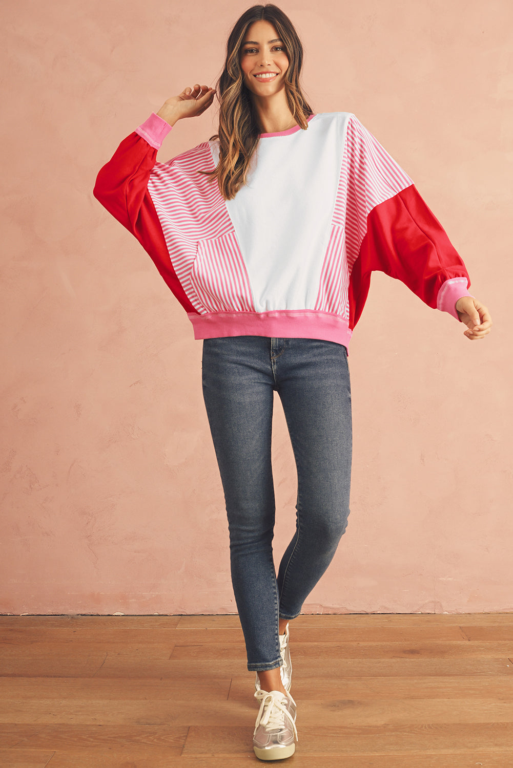 Rose Red Striped Patchwork Side Pocket Loose Sweatshirt-True and Wild