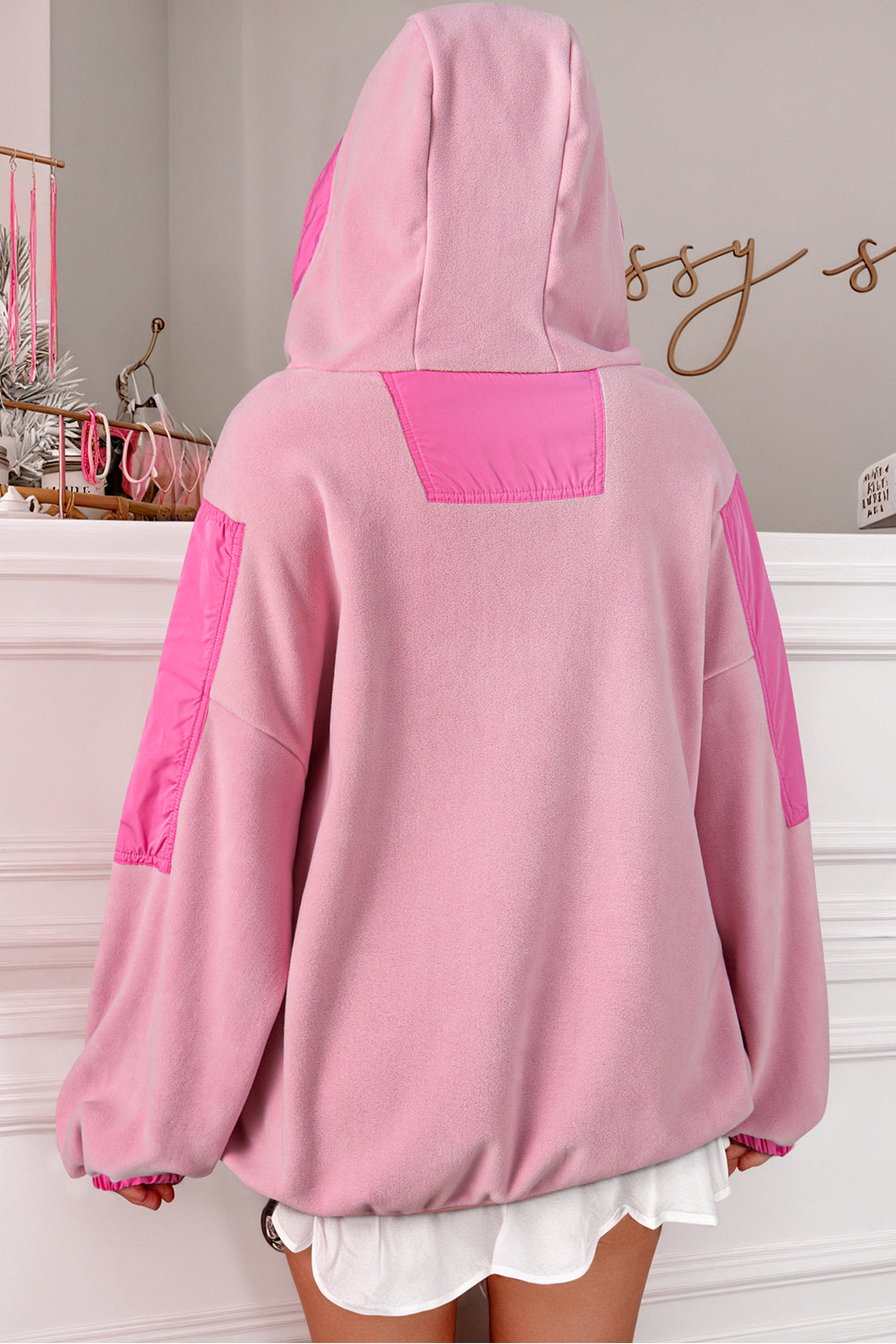 Pink Patchwork Half Zip Oversized Sherpa Hoodie-True and Wild