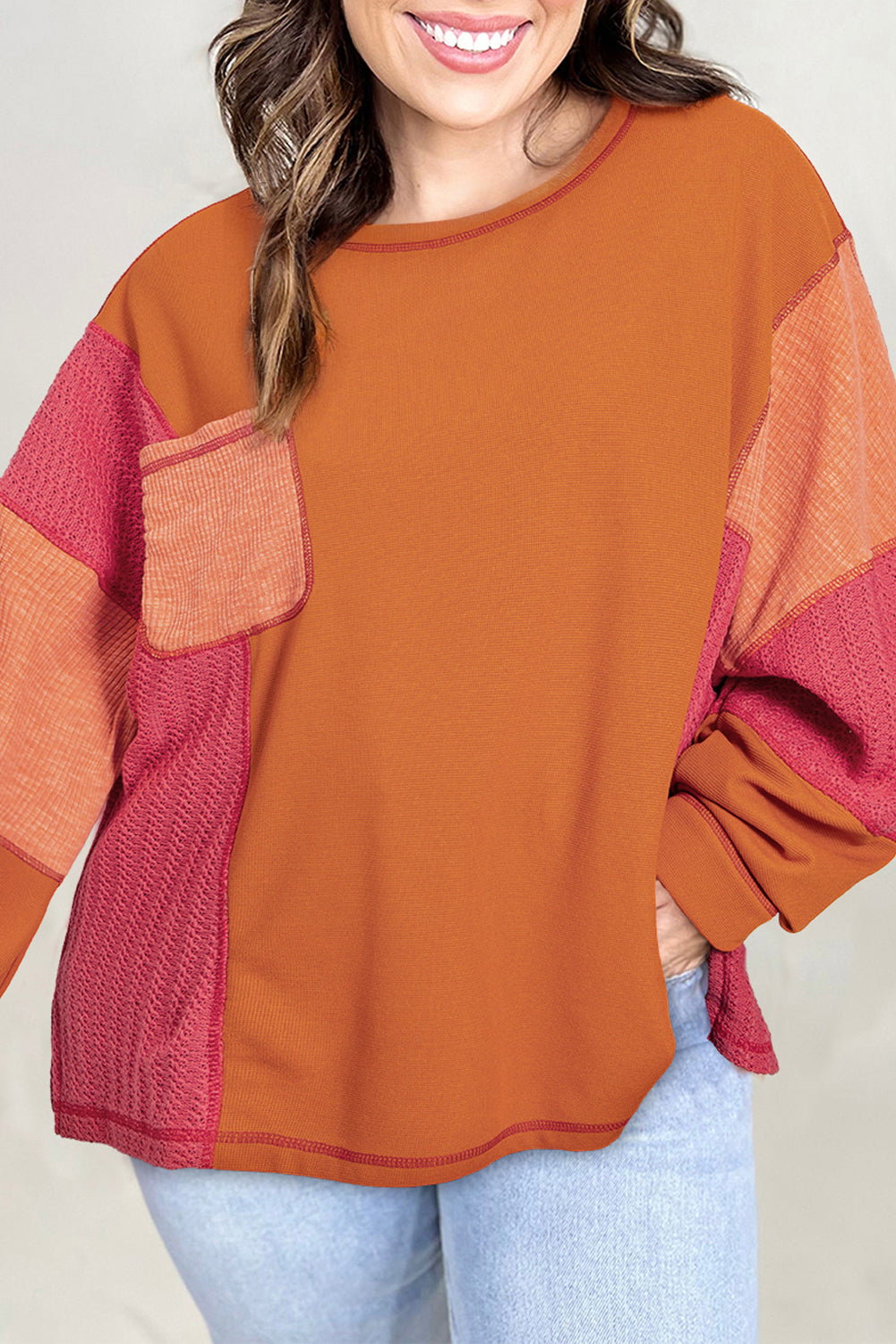 Orange Waffle Patchwork Chest Pocket Plus Size Top-True and Wild