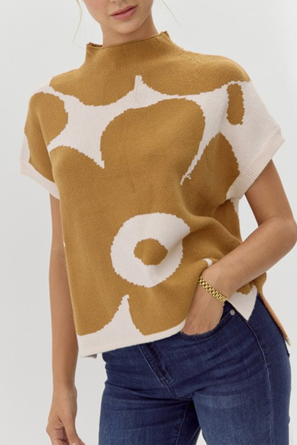 Contrast Flower Mock Neck Short Sleeve Sweater-True and Wild