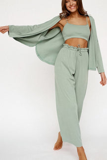 Spaghetti Strap Bra, Open Front Cardigan And Drawstring Pants Set